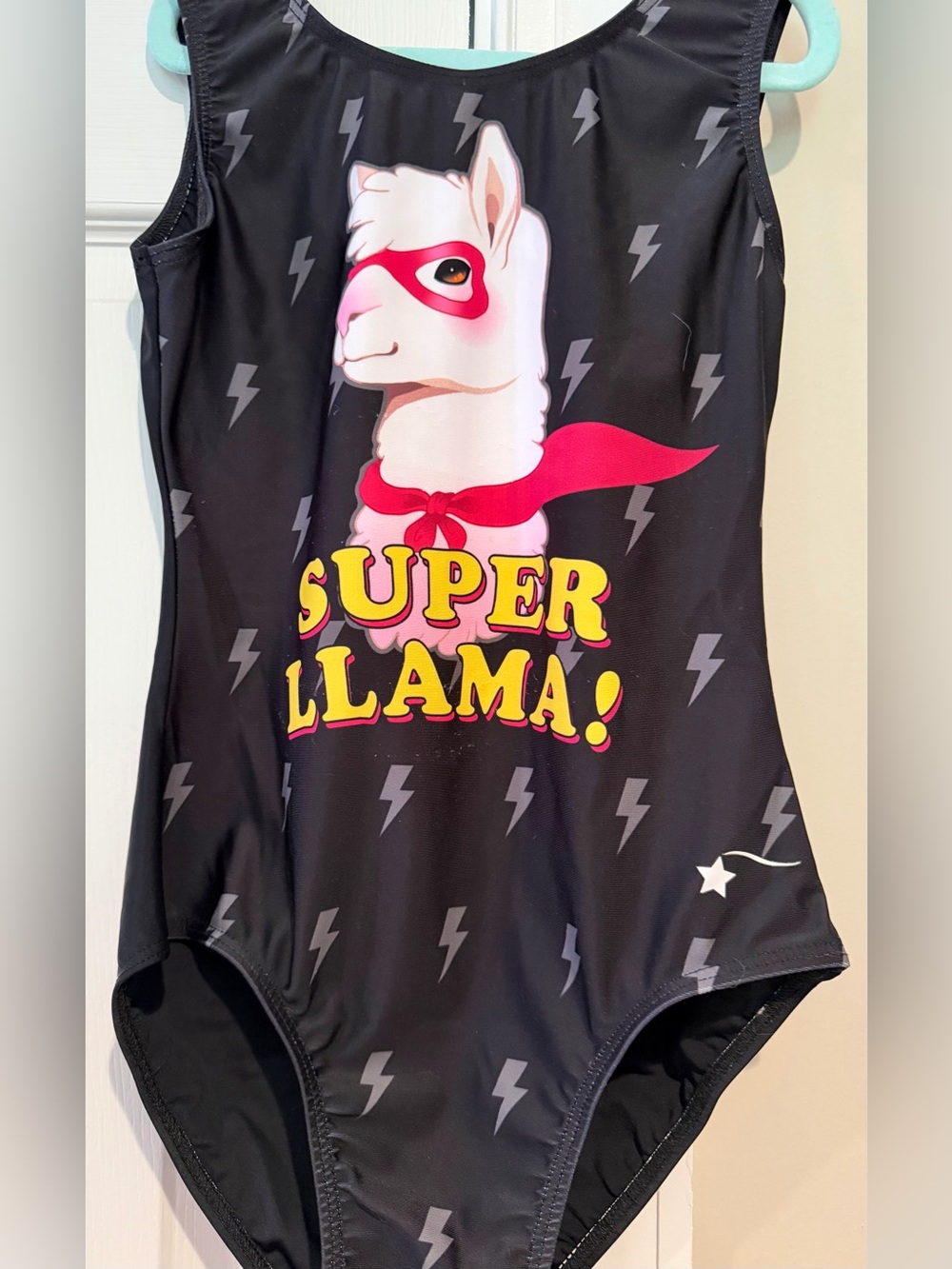 Destira Super Llama Gymnastics Leotard JR Junior Black Lightning Bolt Print